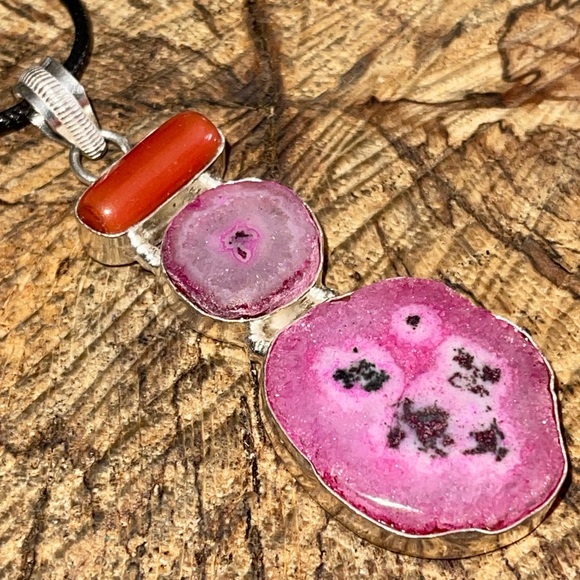 Drusy Solar Quartz & Red Coral Pendant 3” - Picture 9 of 12